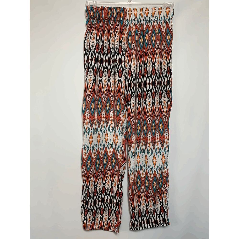 Ambiance Apparel Women's Elastic Waist Wide Leg Multicolor Ethnic Print Pants L
